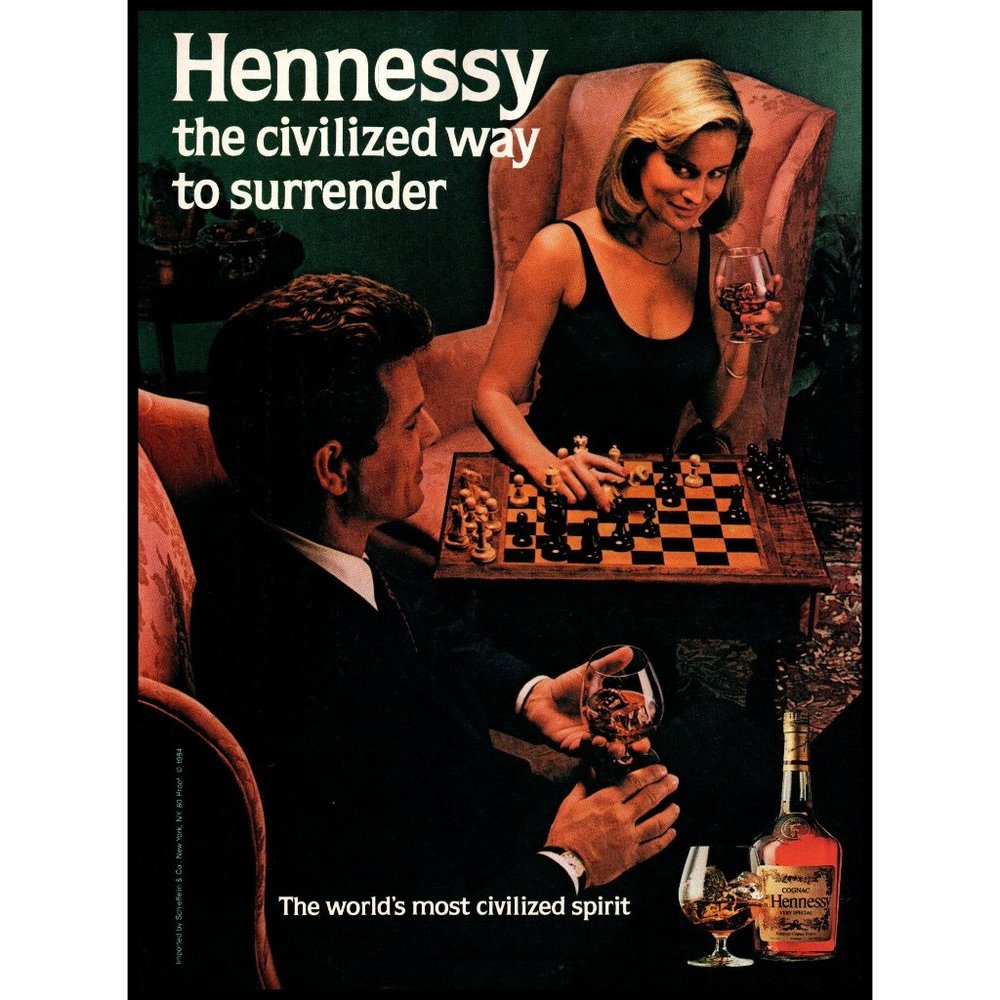 1984 Hennessy Cognac Civilized Surrender Vintage Print Ad Chess Blonde Wall Art